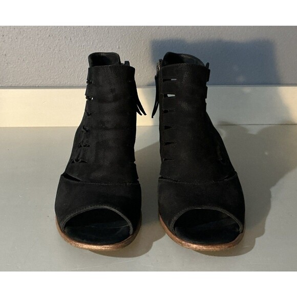 Paul Green Mindy Block Heel Bootie Peep Toe Sandals Black Suede Leather Size 6.5 - Picture 3 of 6